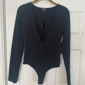 Express long sleeve V neck black thong body suit